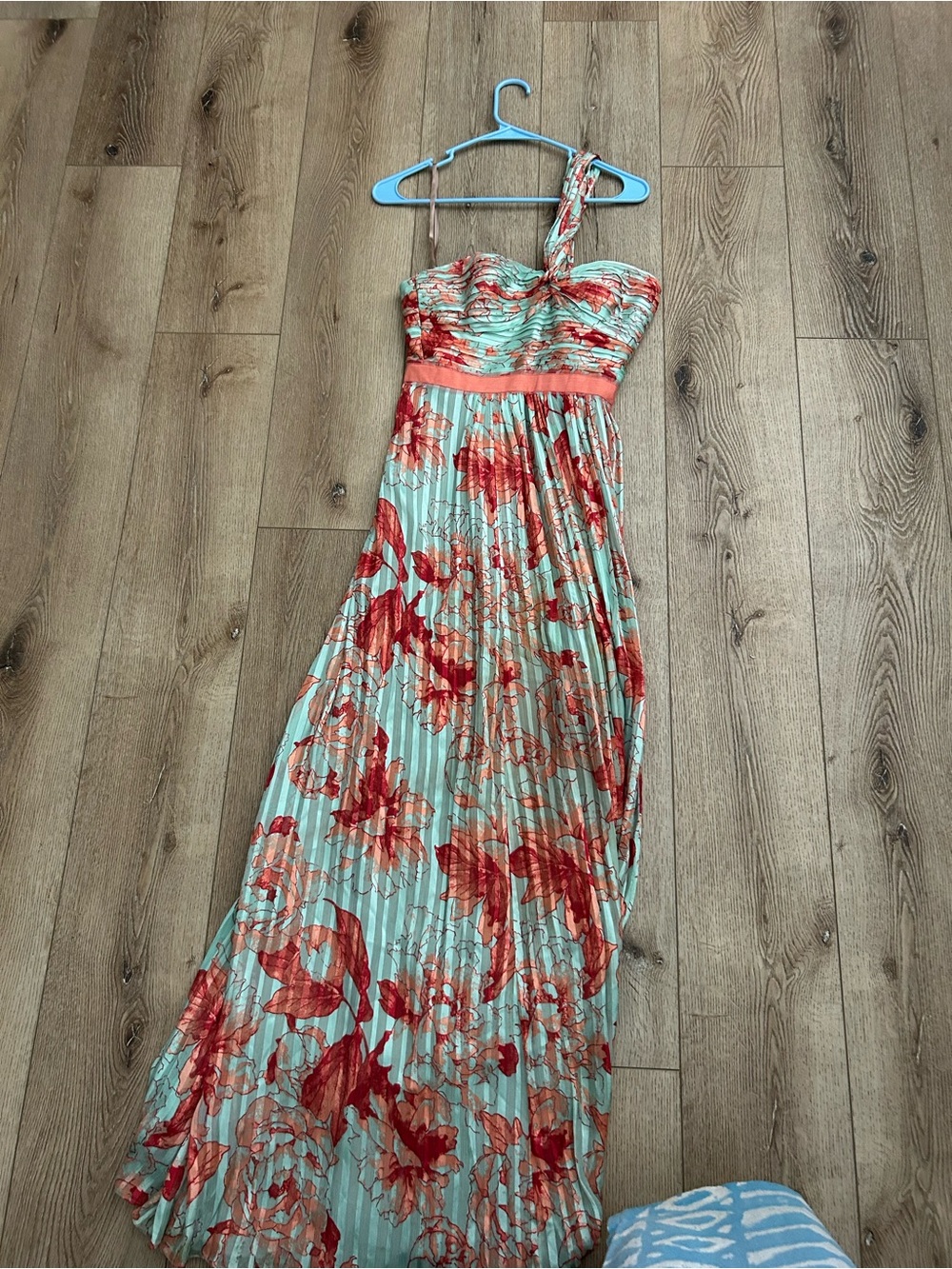 BCBGMaxAzria Aqua One-Shoulder Floral Maxi Dress with Coral Accents